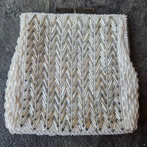 Vintage Ivory & Silver Handbeaded Chevron Art Deco Clutch - Unique Clasp